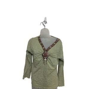 Vintage Y2K Pretty Angel‎ Green Beaded Boho Top Eyelet Mesh Ruched Fairy Grunge
